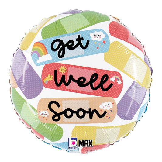 Round foil balloon with colorful cartoon bandage patterns and "get well soon" text in playful black script.