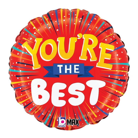 Round red foil balloon with yellow and white "You're the Best" text and colorful confetti design.