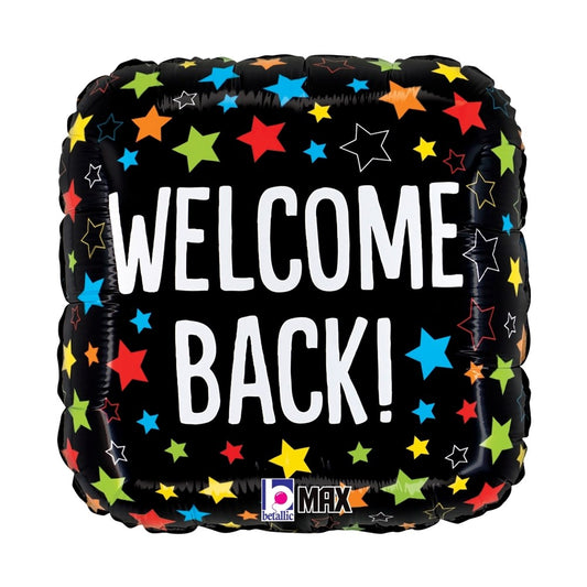 Black rounded square balloon with colorful stars and white "Welcome Back!" text.