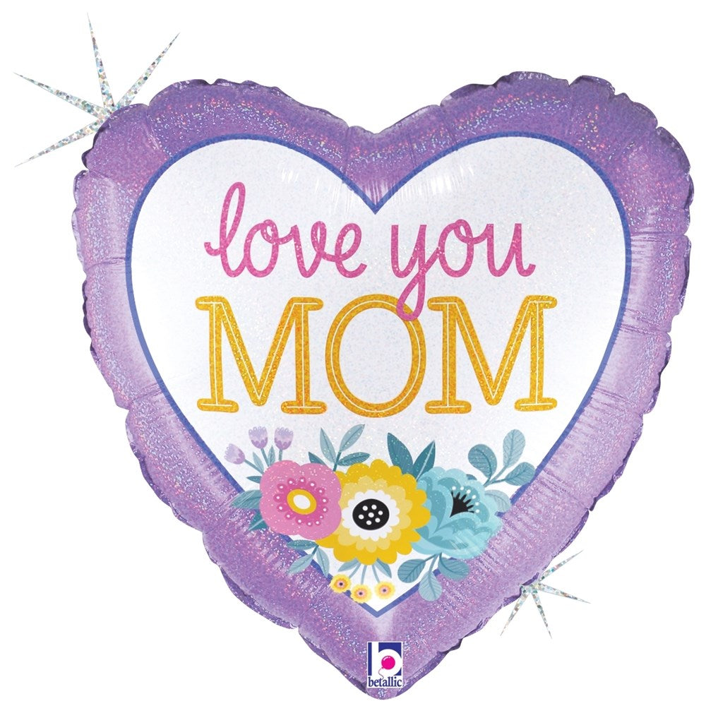 18-inch heart-shaped balloon with purple holographic glitter border, white center, "love you MOM" text in pink and yellow,.
