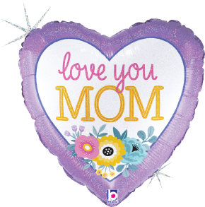 Betallic Love you Mom Flowers 18 inch Glitter Holographic Heart Balloon Packaged 1ct