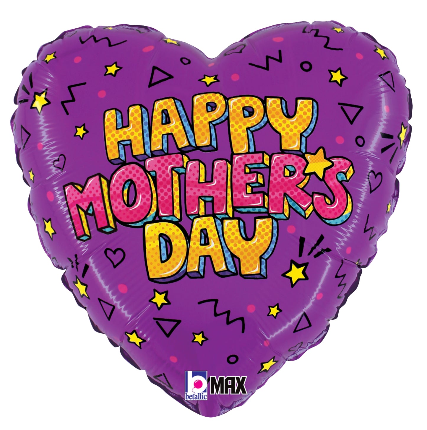 Purple heart-shaped foil balloon with "Happy Mother's Day" in bright pink and yellow letters decorated with stars and.