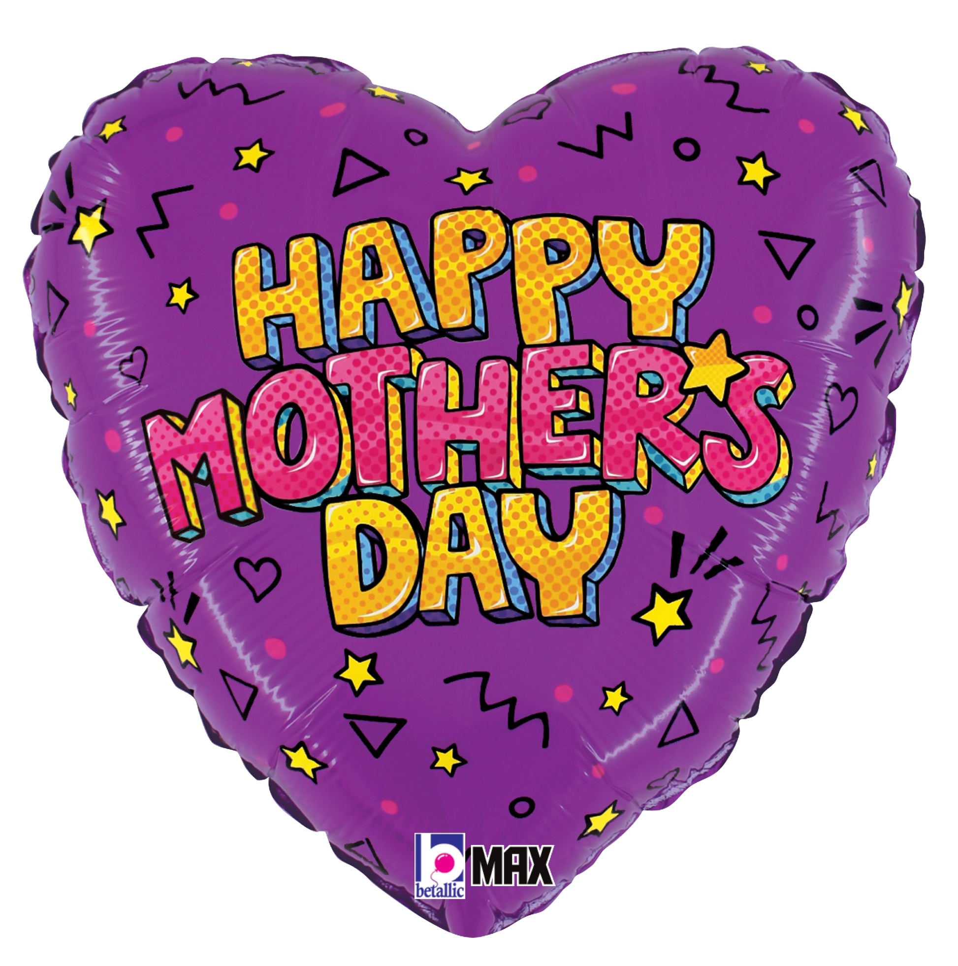Purple heart-shaped foil balloon with "Happy Mother's Day" in bright pink and yellow letters decorated with stars and.
