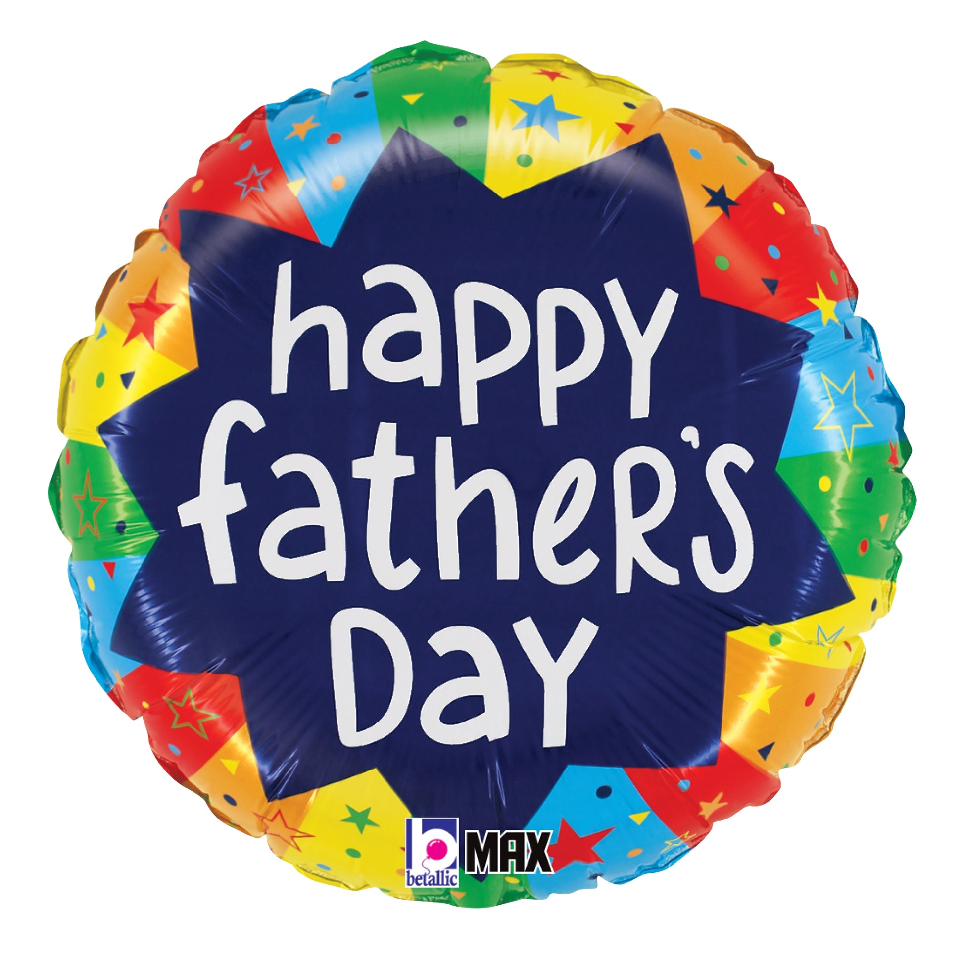 Round foil balloon with colorful starburst border and navy center reading "happy father's day" in white letters.