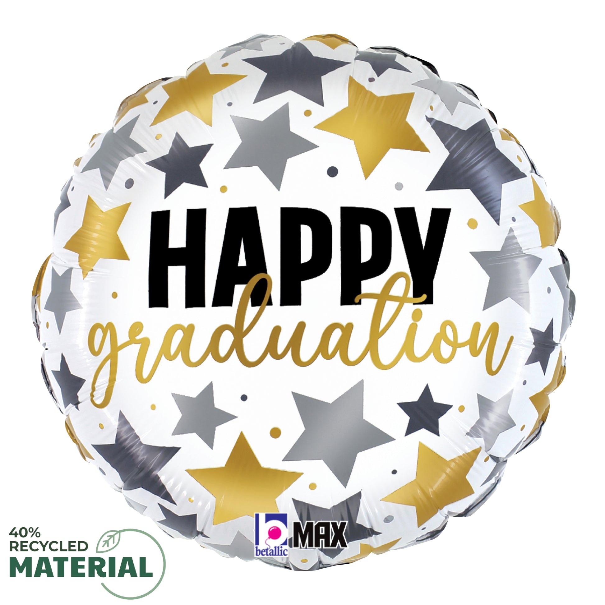 White round 18-inch metallic balloon with gold and silver stars and "Happy graduation" text in black and gold cursive.