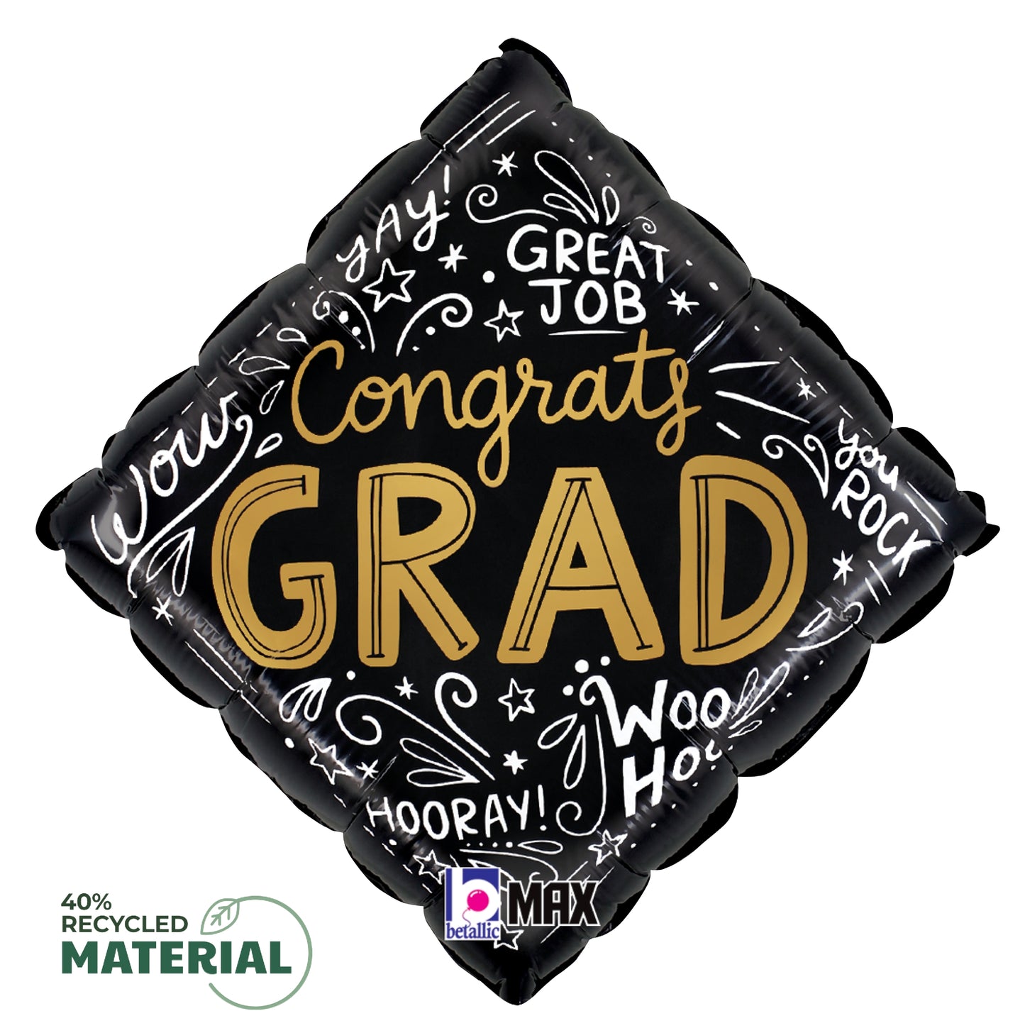 Black diamond-shaped balloon with gold "Congrats Grad" text and white celebratory words and doodles.