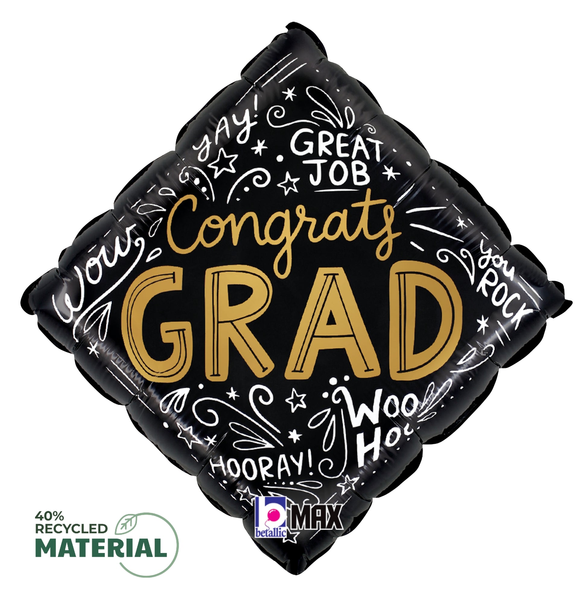 Black diamond-shaped balloon with gold "Congrats Grad" text and white celebratory words and doodles.
