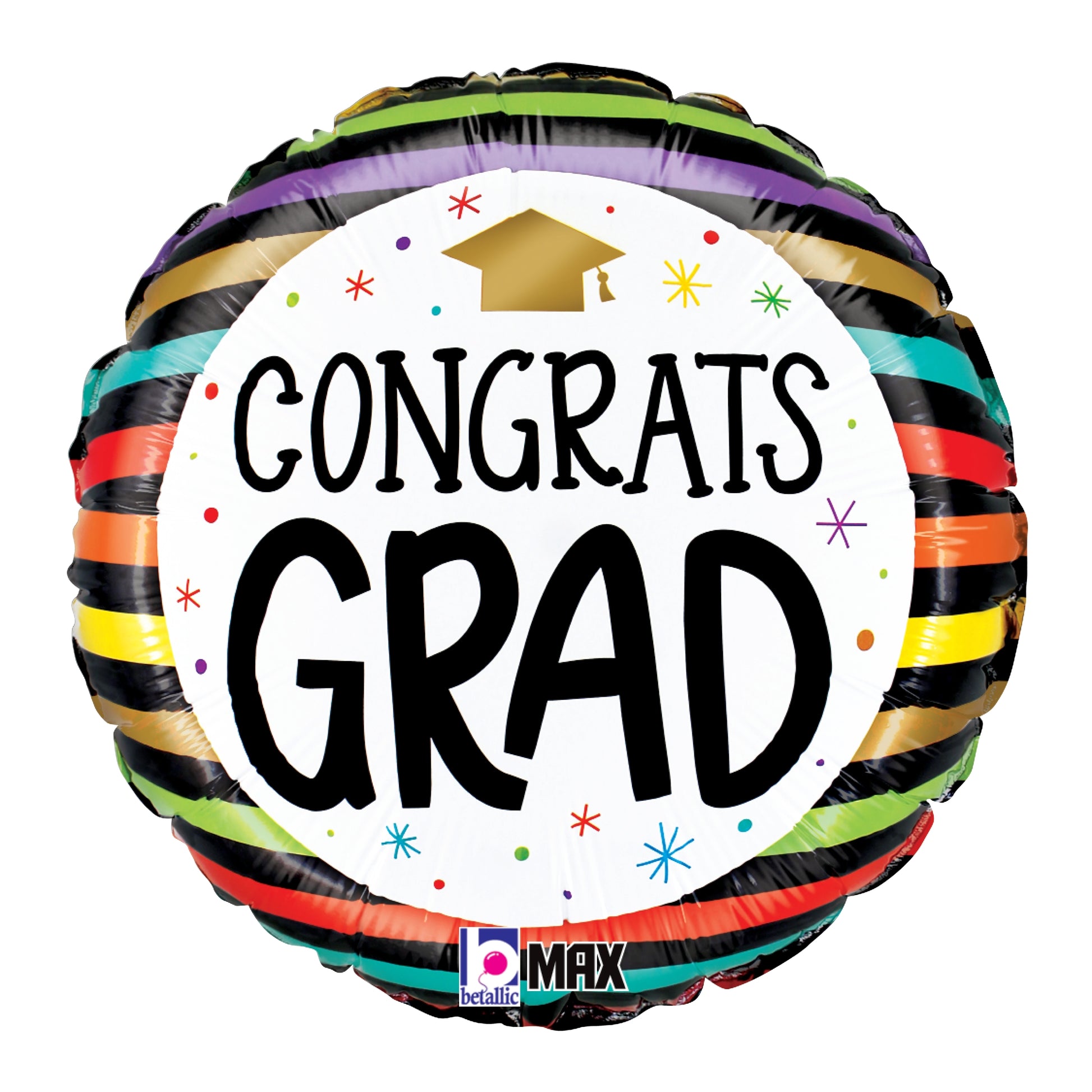 Round foil balloon with colorful horizontal stripes, white center with black "Congrats Grad" text and gold graduation cap.