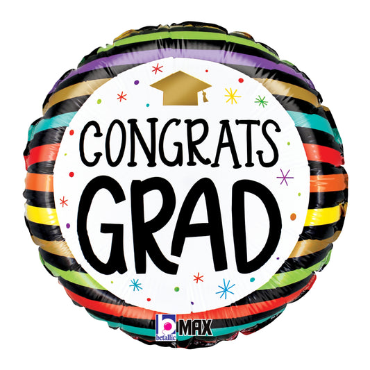 Round foil balloon with colorful horizontal stripes, white center with black "Congrats Grad" text and gold graduation cap.