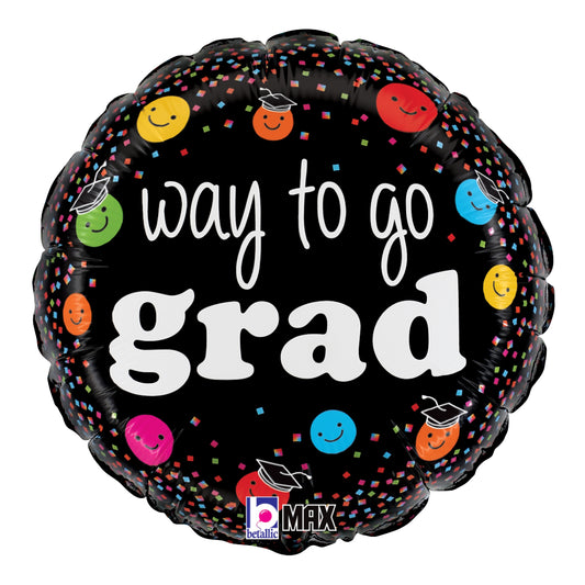 Black round foil balloon with colorful smiling faces and confetti dots and white "way to go grad" text.