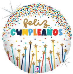 18-inch round white foil balloon with colorful confetti dots, gold stars, and "Feliz Cumpleaños" text in blue, red, yellow,.