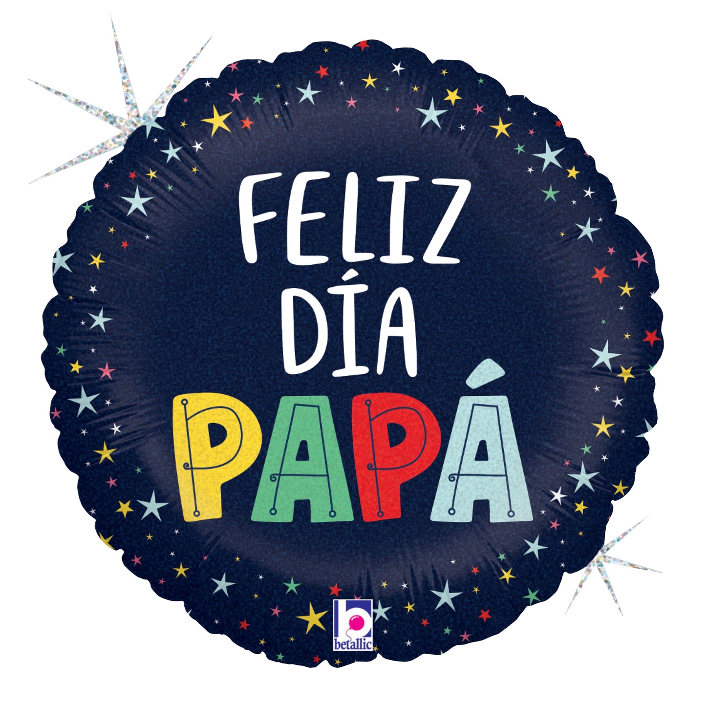 18-inch round navy blue holographic foil balloon with colorful stars and "Feliz Día Papá" in white, yellow, green, and red.