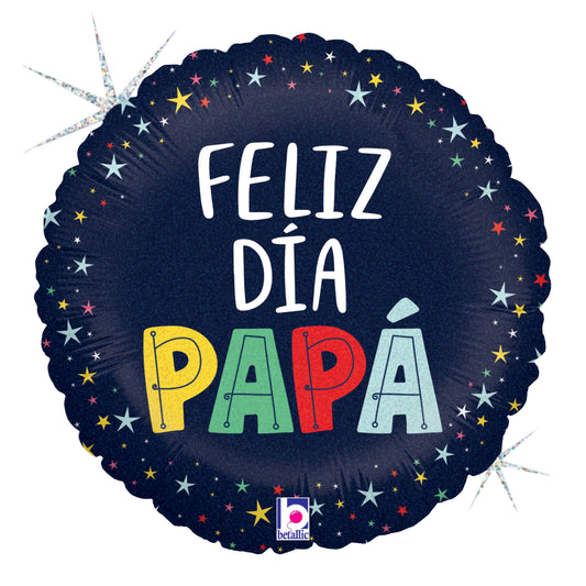 18-inch round navy blue holographic foil balloon with colorful stars and "Feliz Día Papá" in white, yellow, green, and red.