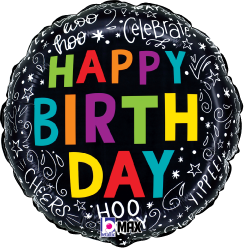 Black round foil balloon with colorful "Happy Birthday" text and white celebratory doodles.