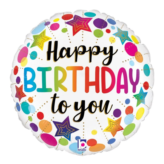 18-inch round white foil balloon with colorful stars, dots, and "Happy Birthday to you" in multicolored and black script.