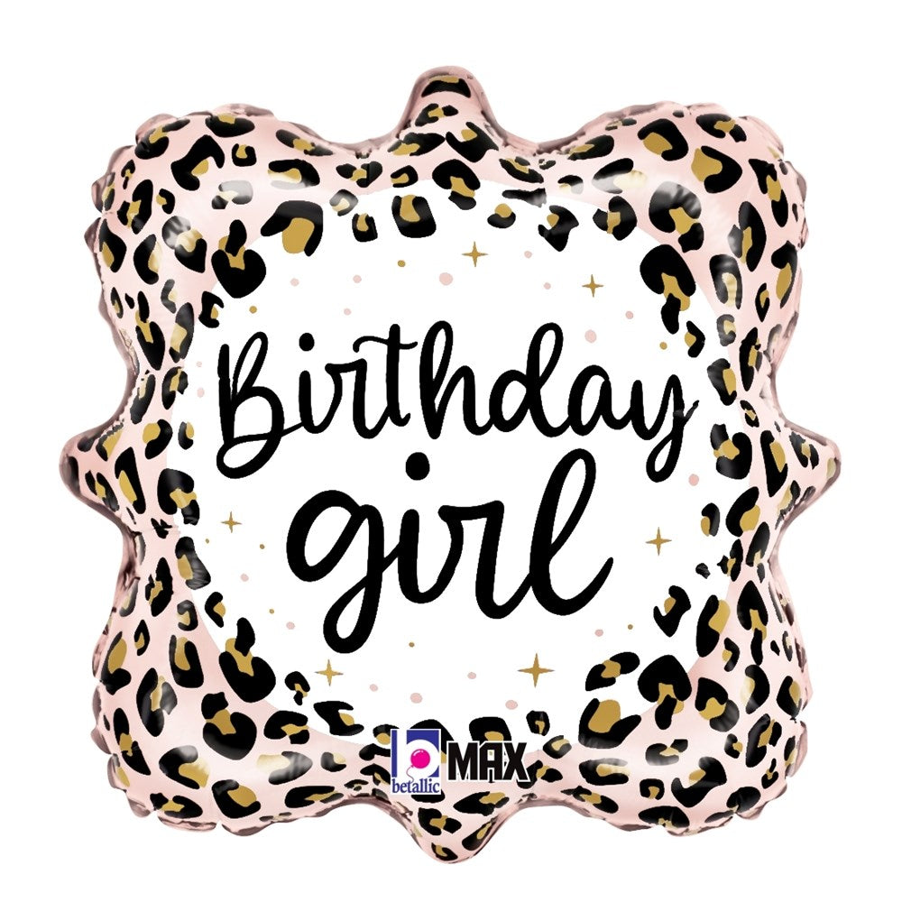 Square balloon with satin finish, leopard print border, white center, and black "Birthday girl" text.