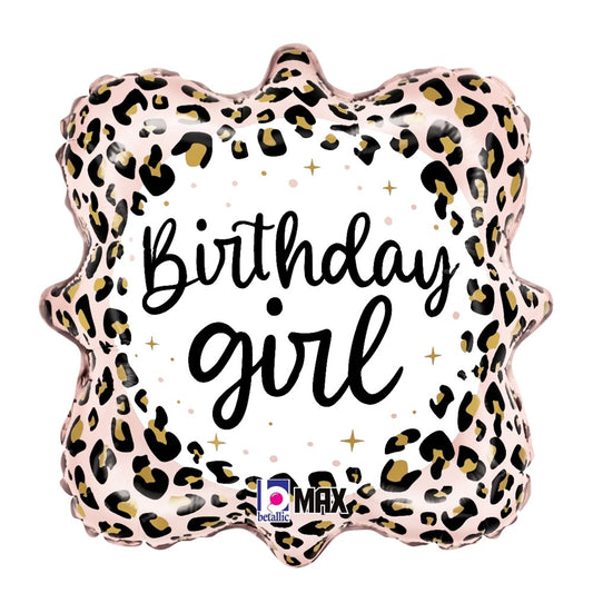 Square balloon with satin finish, leopard print border, white center, and black "Birthday girl" text.