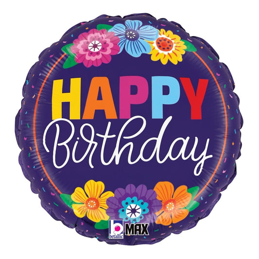 Round purple foil balloon with colorful flowers and "Happy Birthday" text in bold and script fonts.