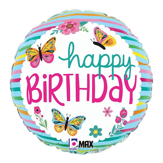 Round foil balloon with colorful butterflies, striped border, and "Happy Birthday" text in pink and teal.