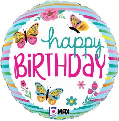 Round 18-inch foil balloon with colorful butterflies, flowers, and "happy birthday" text in pink and teal.