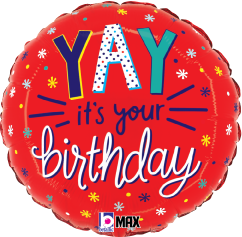 Red round foil balloon with colorful "YAY it's your birthday" text and small star and dot decorations.