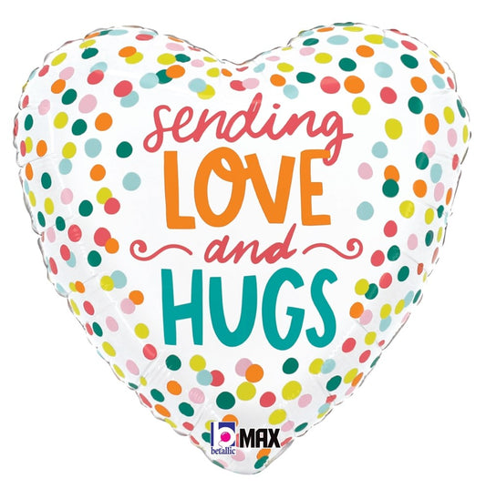 Heart-shaped foil balloon with colorful polka dots and "Sending Love and Hugs" text in orange, red, and teal.