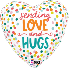 Heart-shaped white foil balloon with colorful confetti dots and "sending LOVE and HUGS" text in orange, pink, and teal.