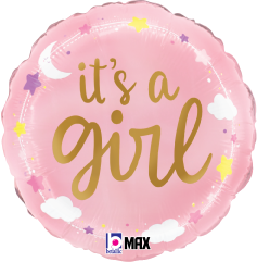 Pink round foil balloon with gold "it's a girl" text, decorated with stars, clouds, and a crescent moon.