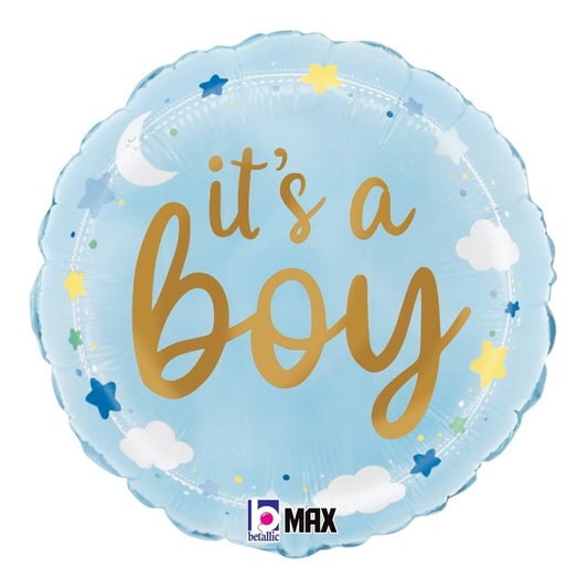 Round light blue foil balloon with gold "it's a boy" text, white clouds, stars, and crescent moon design.