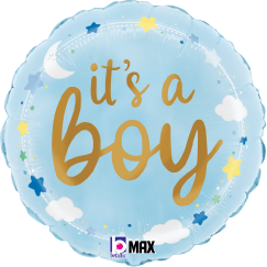 Round light blue foil balloon with gold "it's a boy" text, stars, clouds, and crescent moon design.