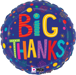Round blue foil balloon with colorful "BIG THANKS" text and festive confetti design.