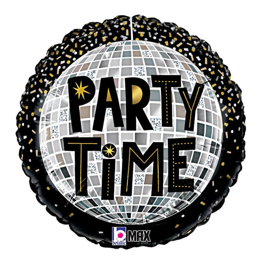 18-inch round foil balloon with silver disco ball design and "Party Time" text in black and gold accents.