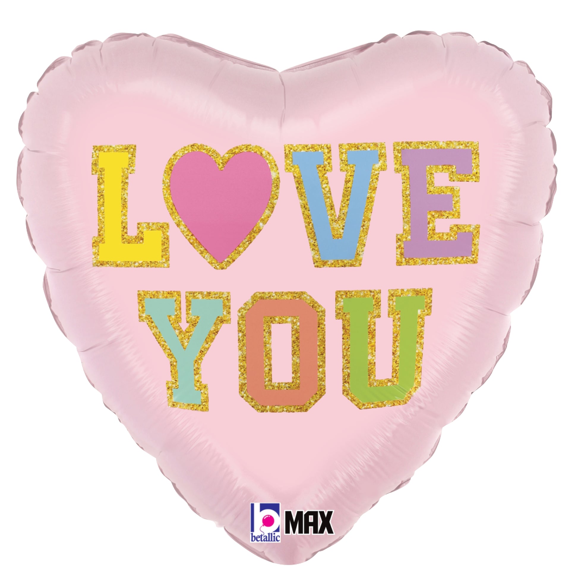 Pink heart-shaped foil balloon with colorful "LOVE YOU" letters and a heart symbol in place of the O.