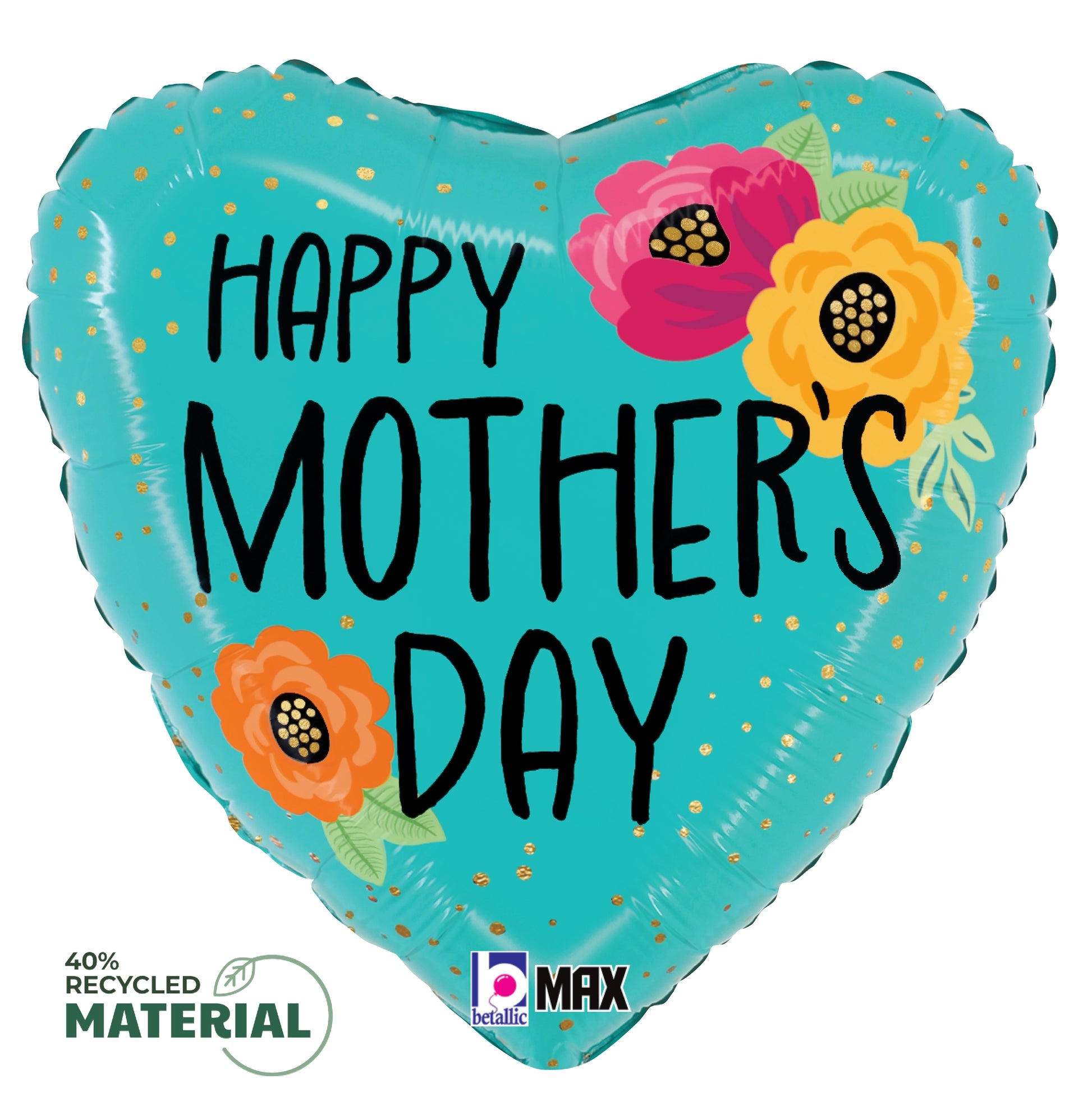 Heart-shaped teal balloon with "Happy Mother's Day" text and colorful floral designs.