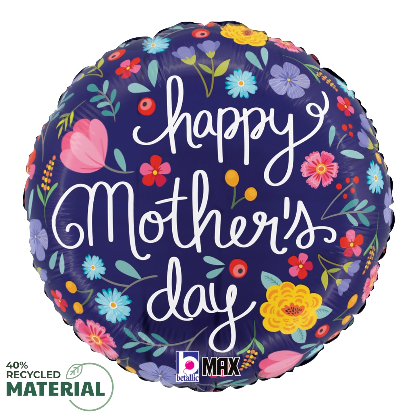 18-inch round foil balloon with dark blue background, colorful folk floral patterns, and white "Happy Mother's Day" script.