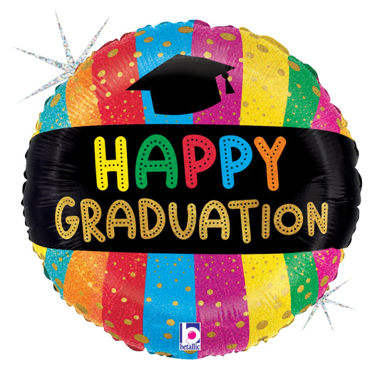 Round holographic balloon with vertical rainbow stripes, black graduation cap, and colorful "Happy Graduation" text on black