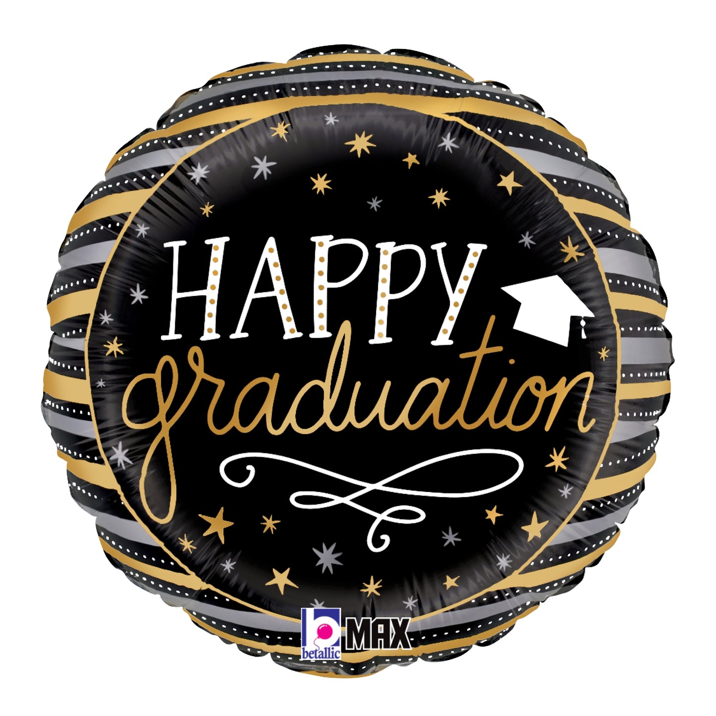Black round foil balloon with gold and white graduation stripes, stars, and "Happy Graduation" text with a white graduation.