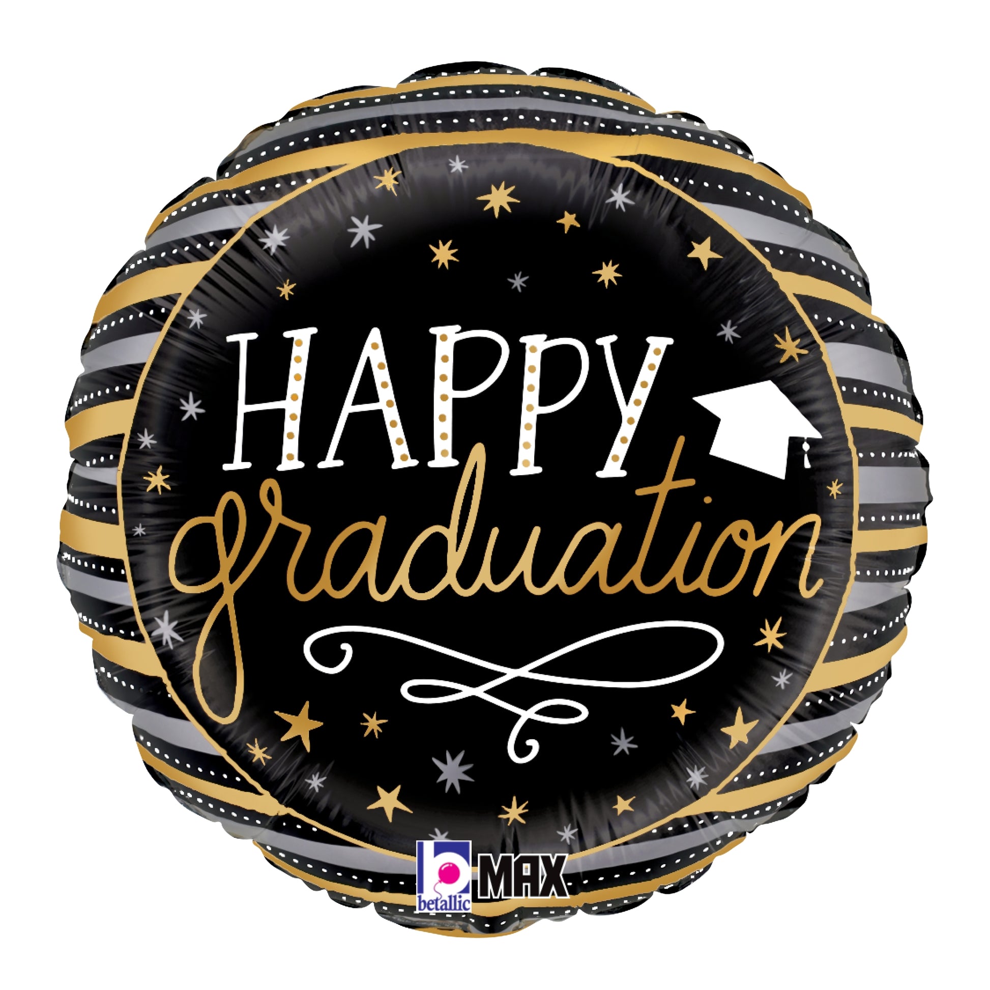 Black round foil balloon with gold and white graduation stripes, stars, and "Happy Graduation" text with a white graduation.