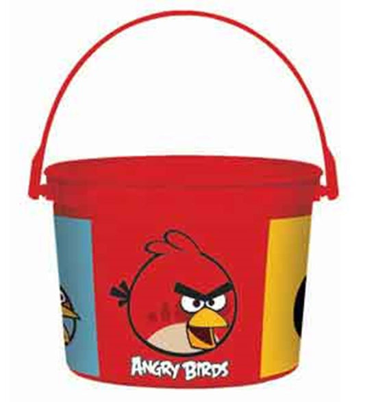 Red plastic bucket favor container featuring Angry Birds characters and a red handle.
