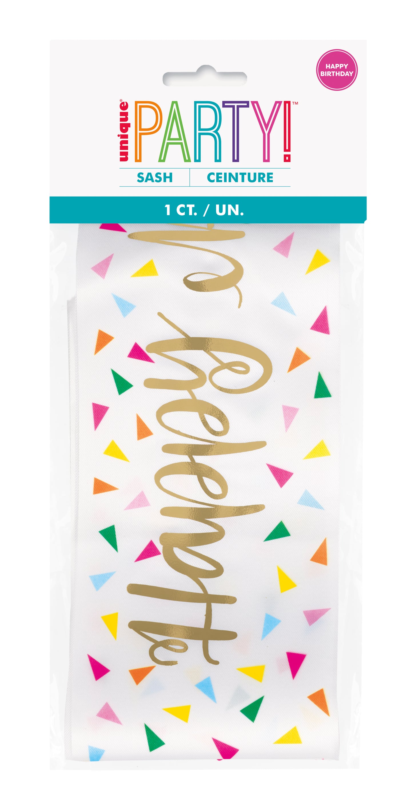 White sash with multicolored confetti triangles and gold foil "celebrate" text scripted vertically.