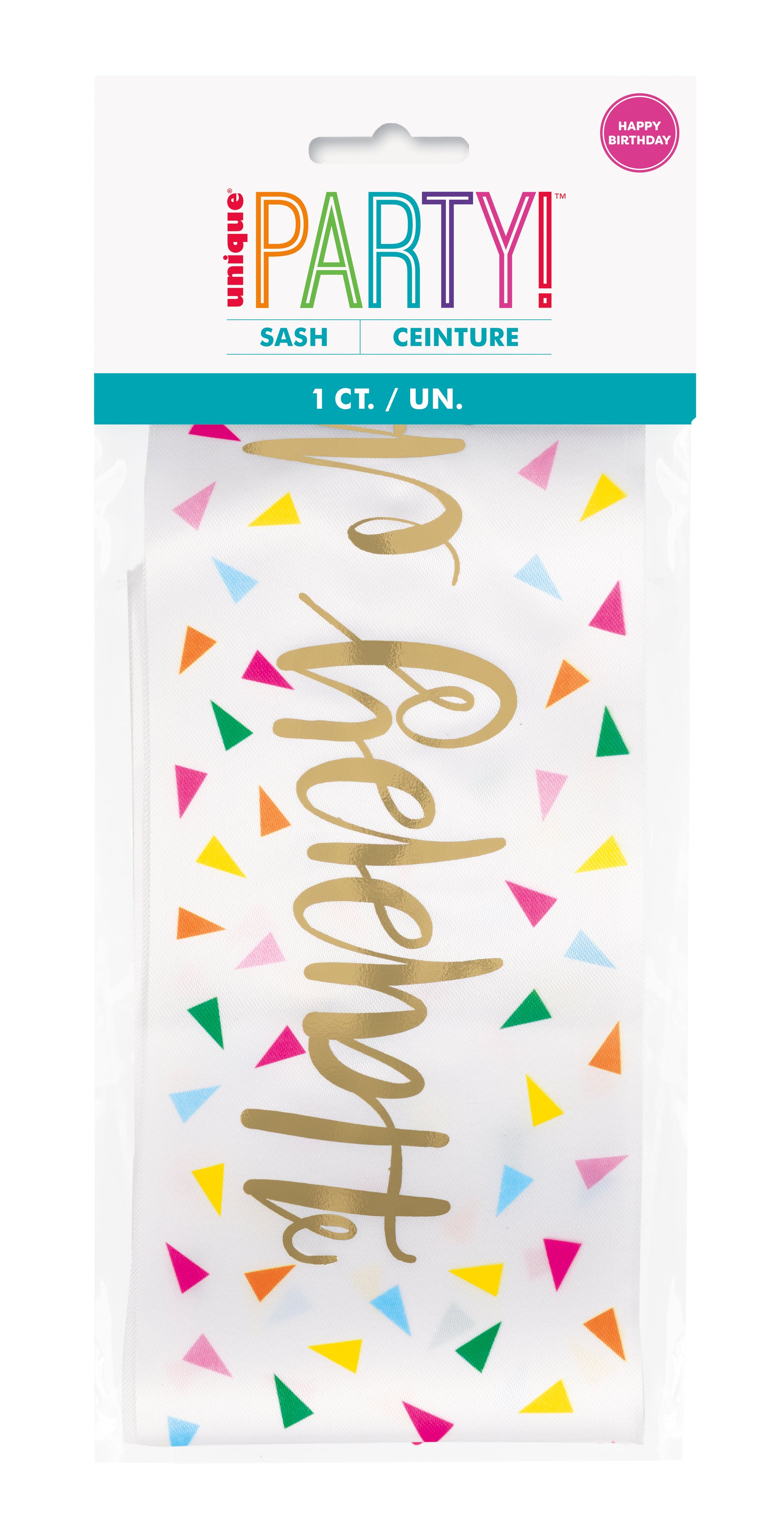 White sash with multicolored confetti triangles and gold foil "celebrate" text scripted vertically.
