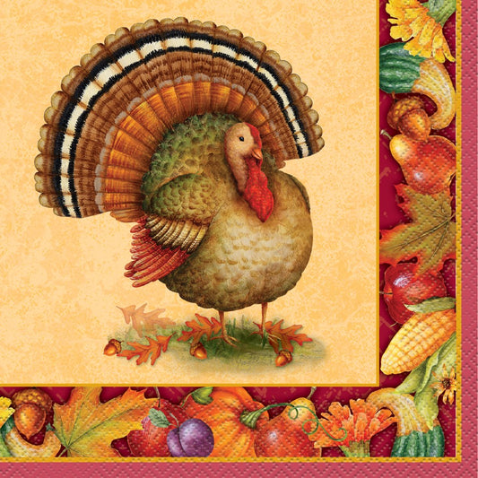 Square paper napkin with a colorful turkey illustration and autumn harvest border in warm fall tones.