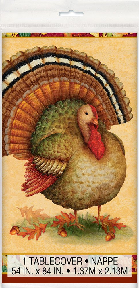 Thanksgiving-themed tablecover with a colorful turkey illustration featuring vibrant orange, brown, and green feathers on a.