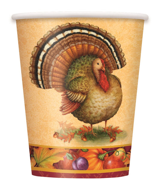 9oz disposable paper cup with colorful turkey illustration and autumn harvest border.