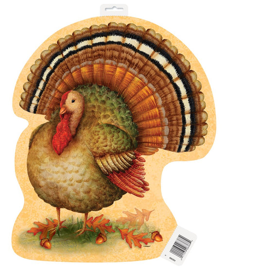 Colorful turkey cutout with detailed feathers in brown, orange, white, and black on a beige background.