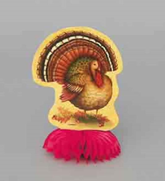 6-inch vintage-style turkey decoration with colorful tail feathers and red honeycomb paper base.