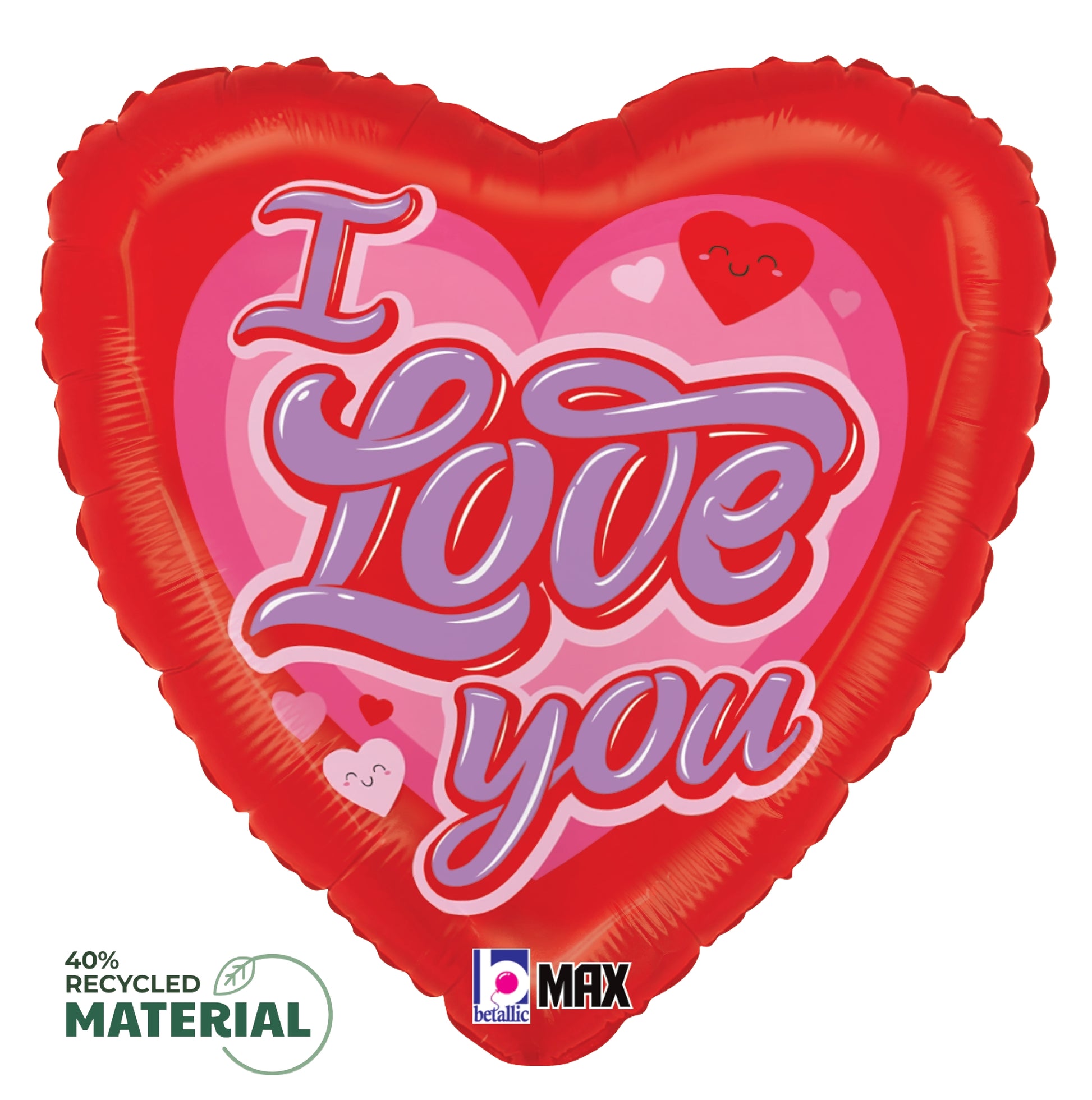 Red heart-shaped foil balloon with "I Love You" in retro pink and white script and small heart accents.