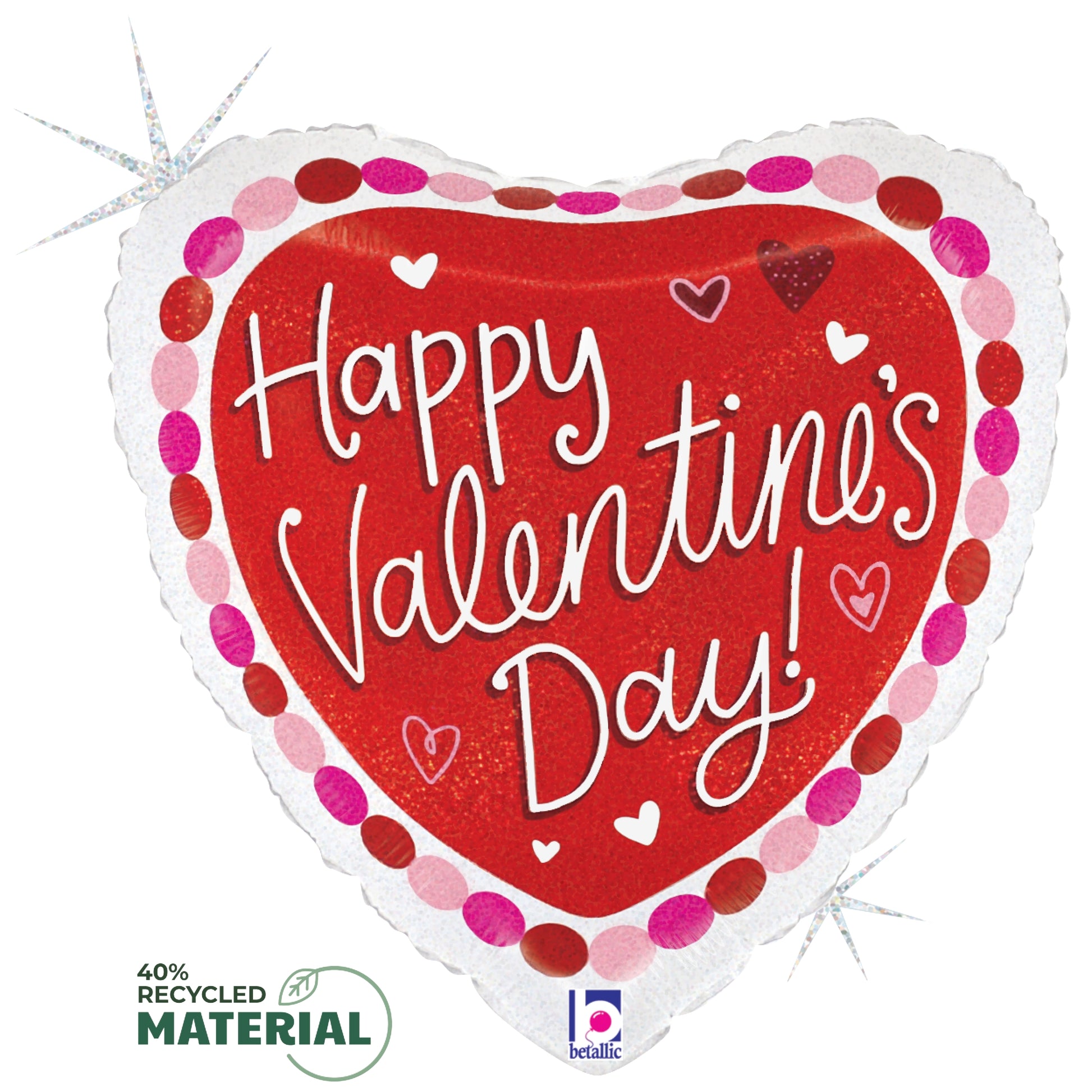 Heart-shaped foil balloon with red center, white and pink polka dot border, and "Happy Valentine's Day!" text in white.