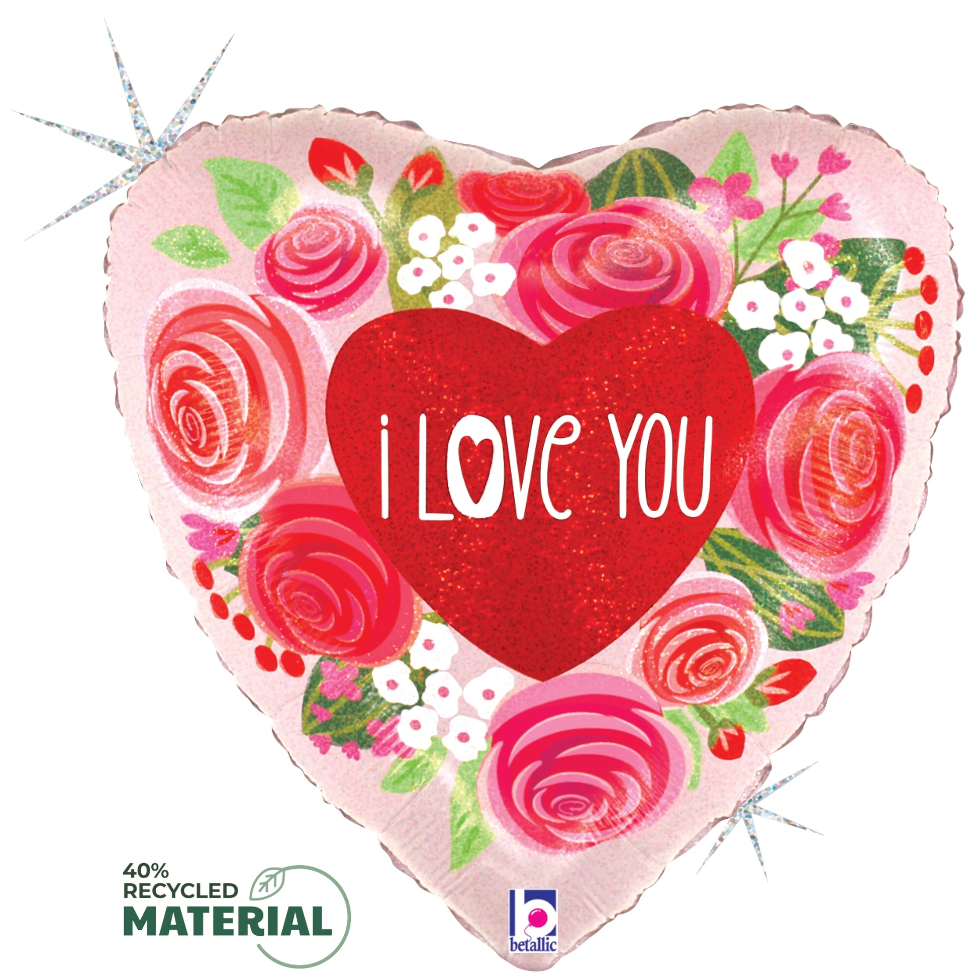 Heart-shaped pink foil balloon with glittery red heart and "I Love You" text surrounded by red and pink roses and white.