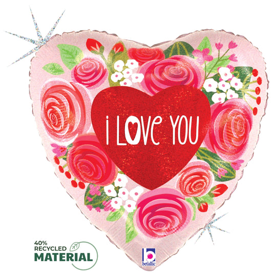 Heart-shaped pink foil balloon with glittery red heart and "I Love You" text surrounded by red and pink roses and white.